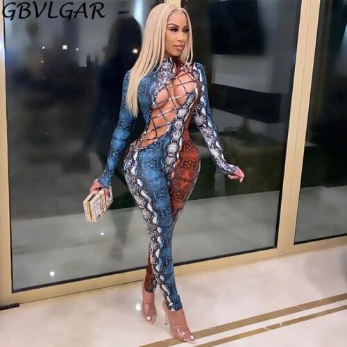 Women Lace Up Holow Out Fitness Bandage Jumpsuit Female Serpentine Snake Print Sexy Bodycon Romper Long Sleeve Party Catsuits