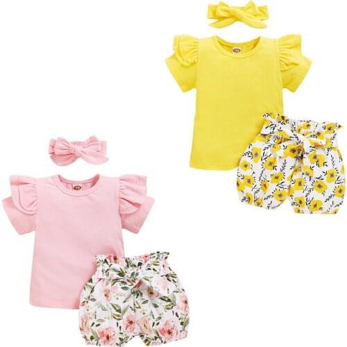 0-24M NEW Baby Girl Summer Clothing Infant Clothes Set Short Sleeve Top T-Shirt+Floral Tutu Shorts+Headband 3Pcs Outfit