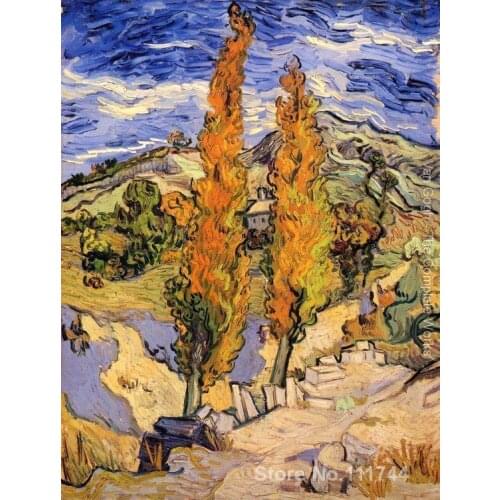 Impressionist painting Two Poplars On A Road Through The Hills Vincent Van Gogh art home decor Handmade High quality