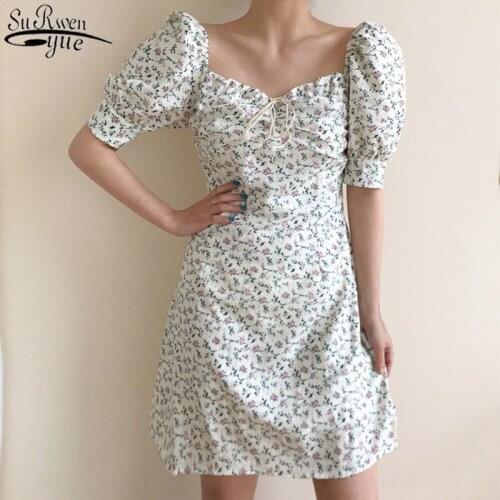 Korean 2021 Floral Print Mini Sexy White Dress Summer Dress Women Elegant Puff Sleeve Dresses Women Sheath Chic Vestidos 14669