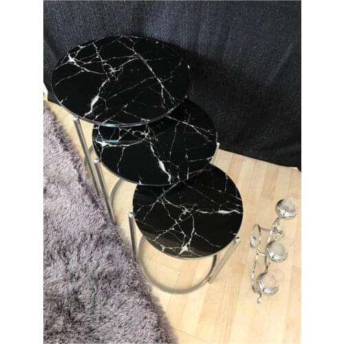 Lux 3'lü Zigon Coffee Table Pad Black Marble Pattern-Chrome Foot wohnzimmertisch طاولة غرفة معيشة столик из стекла