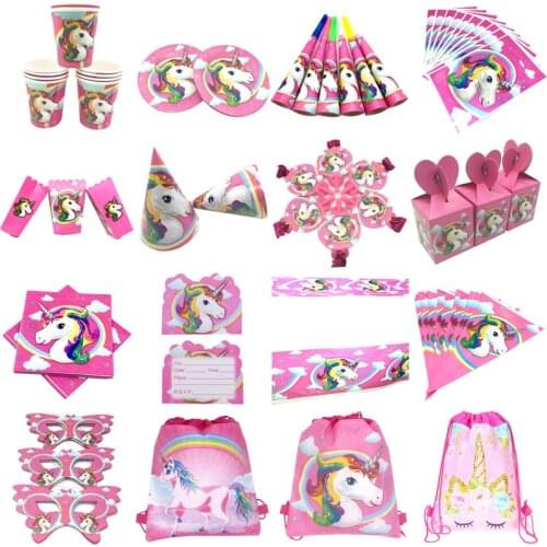 Disposable Tableware Set With Unicorn Party Paper Plates/Cups/Napkins/Table Cover /Hats Birthday Decorations Kids Party Supplie