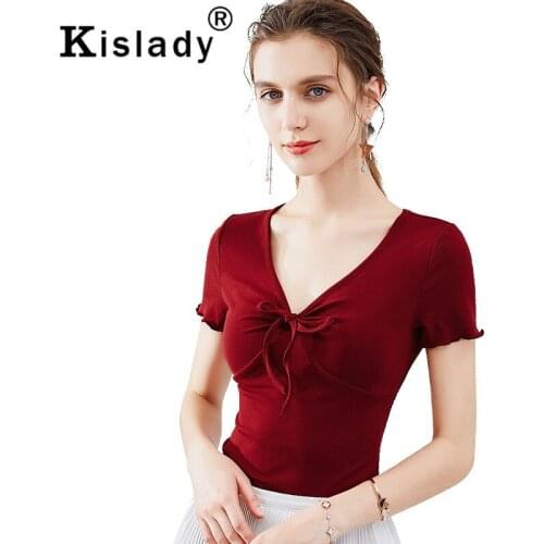Kislady 2020 New Womens Deep V-neck Sexy Bow Tops For Autumn Black White Red Elegant OL Tshirts Harajuku Slim Korean Clothing