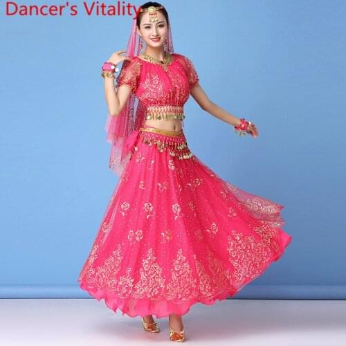 Belly Dance Practice Clothes New Women Adult Top Skirt Belt Veil Headdress 5 Pieces Set Indian Sari Dancers Stage Training Suit