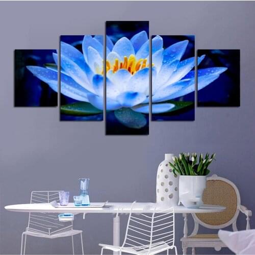 Posters HD Printed Framework Living Room 5 Panel Pale Blue Lotus Pool Floral Modern Wall Art Pictures Home Decoration Painting