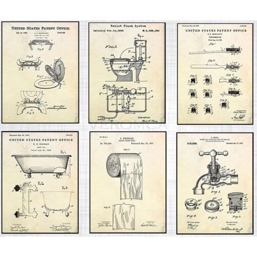 Flush Toilet Poster Toothpaste Toilet Paper Faucet Patent Interesting Bathroom Painting Vintage Canvas Print Wall Art Picture