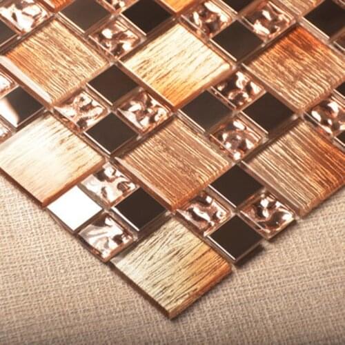Simple Luxury Rose Gold glass mosaic mix metal tile, Kitchen wall decoration KTV living room bathroom