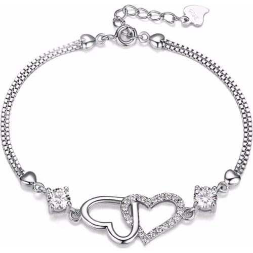 Simple Double Heart Charm Bracelet For Women Love Heart with White Crystal Bracelets Silver Color Metal Fashion Jewelry Gifts