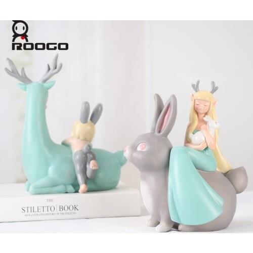 ROOGO resin cute animal figurines home decoration creative ornament deer and rabbit statue table cabinet bedroom decor sculpture
