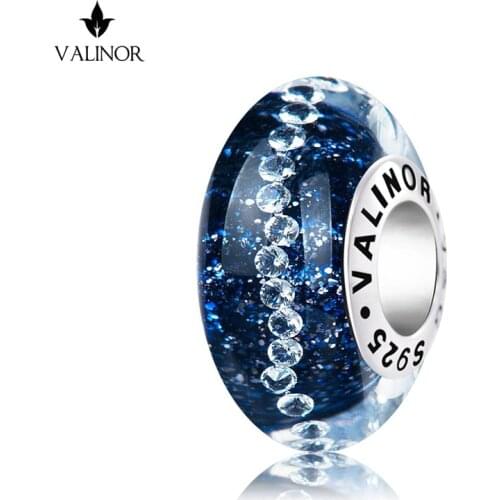 Dark blue stars surround flash murano glass beads charms 925 Sterling Silver fit Bracelets Jewelry Trendy JKLL009-3