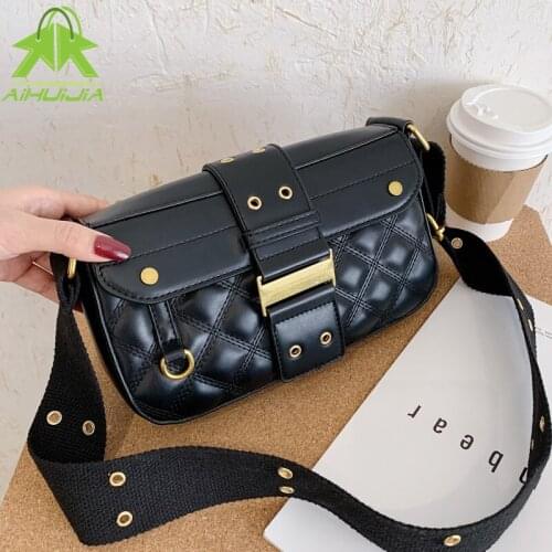 Embroidery Thread Small PU Leather Handbags For Women Casual Wide Shoulder Strap Messenger Bag 2021 Luxury Designer Shoulder Bag