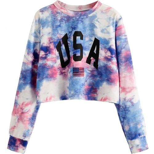 Tie-dye Graffiti Crop Sweatshirt For Womens Long Sleeve USA Letter Print Hoodie Pullover Tops Autumn Harajuku Sweatshirts A40