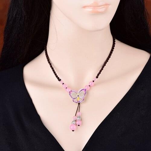 Ethnic Style Pink Butterfly Pendant Sweater Chain Simplicity Temperamental Coloured Glaze Necklace Clavicle Chain