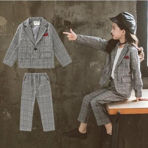 2020 Big Girls Spring Autumn Clothing Set Fashion Classic Plaid Suits Jackets+pants,kids Children Clothes 4-14T