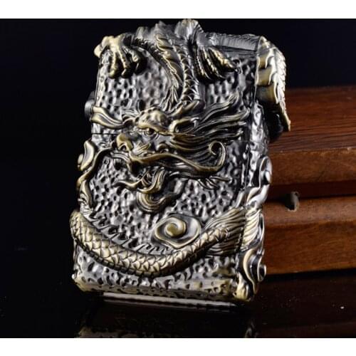 Pure Copper Oil Lighter Vintage Dragon Relief Kerosene Lighter Retro Metal Cigarette Lighters Tobacco Fire Men Gadgets