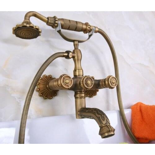 Vintage Antique Brass Carved Art Wall Mounted Bathroom Clawfoot Tub Faucet Mixer Tap Telephone Shower Head Dual Handles ana223