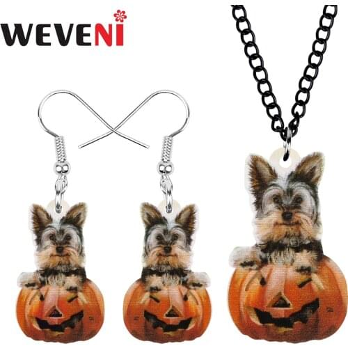 WEVENI Acrylic Halloween Pumpkin Head Yorkie Yorkshire Dog Jewelry Sets Cute Animal Necklace Earrings For Women Kids Funny Gift