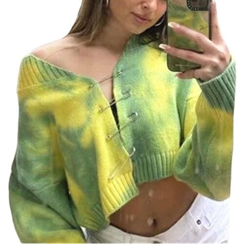 Women Cropped Shirt Knitting Cardigan Sexy Blouses Party Long Sleeve Autumn Slim Paper Clip Button Decor Tie Dye Printed Clothes