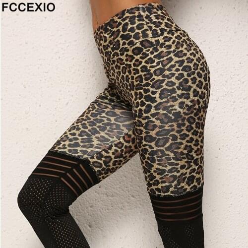 FCCEXIO Leopard 3D Print Women Pants Push Up Sports Leggings Slim Pants Female Casual Trousers Fitness Mesh Leggings