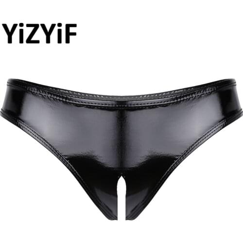 Adults Hot Sexy Underwear Women Erotic Pussy Hole Lingerie Black Patent Leather Open Crotch Mini Latex Briefs Porno Sex Panties