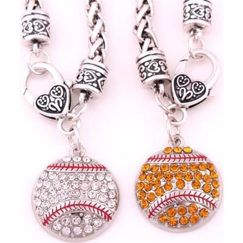 2pcs/set antique sliver plated zinc studded with sparkling crystal BASEBALL or SOFTBALL charm bracelet