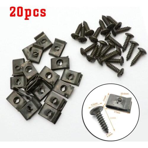 20Set U-type Clips Accessory Black Car Bumper Fender Trim Metal Panel Fasteners Parts Replacement With Screw Durable