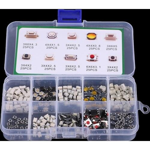 250Pcs/1 Set 10 Types Durable Tactile Push Button Switch Car Keys Button Touch Microswitch With Box