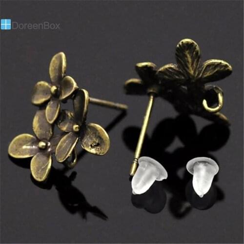 Doreen Box Antique Bronze Flower Earring Post W/ Stoppers Loop Copper 15x14mm Stud Earring For Women Jewelry Gifts, 5 Pairs