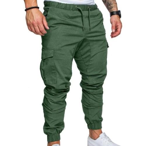Fashion Men Casual Solid Color Pockets Waist Drawstring Ankle Tied Skinny Cargo Pants Streetwear Pants for Men Slim Trousers