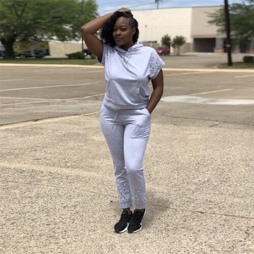 VAZN 2021 INS Heavy Industry Beading Gray Regular Elegant Overalls Hooded Short Sleeve Long Pant Slim Women 2 Piece Set