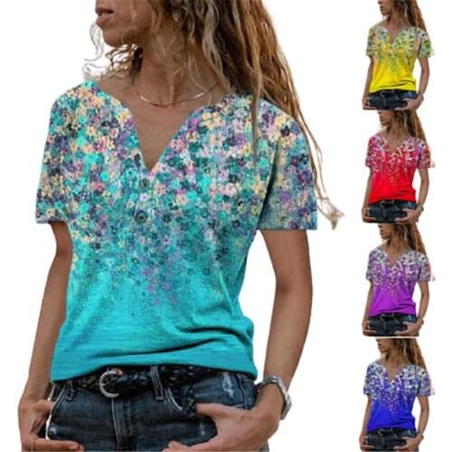 Elegant Flower Print Button Decoration T-shirt Summer Women V-Neck Short Sleeve Casual Pullover Top Fashion Plus Size Street Tee
