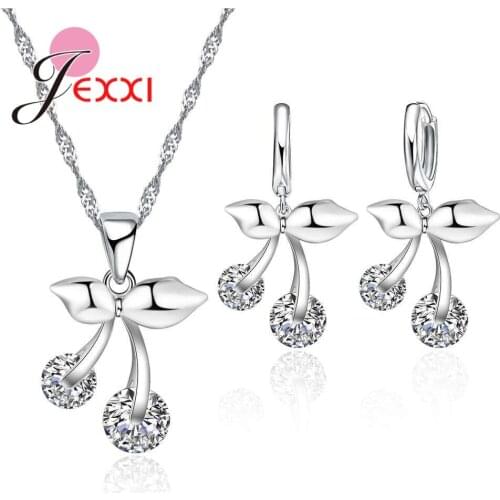 Trendy Fashion 925 Sterling Silver Chain Crystal Cherry Necklace Drop Earring Set Women Bride Jewelry Sets