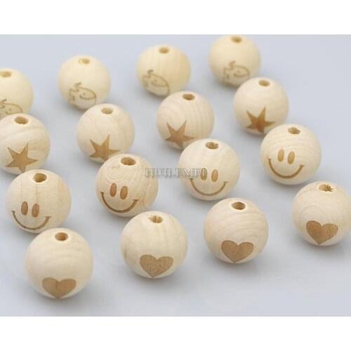 20pc/lot 20mm Round Natural Wood Beads Carved Smiling Face Heart Star Elephant for Jewelry Making Bracelet Necklace Accessories