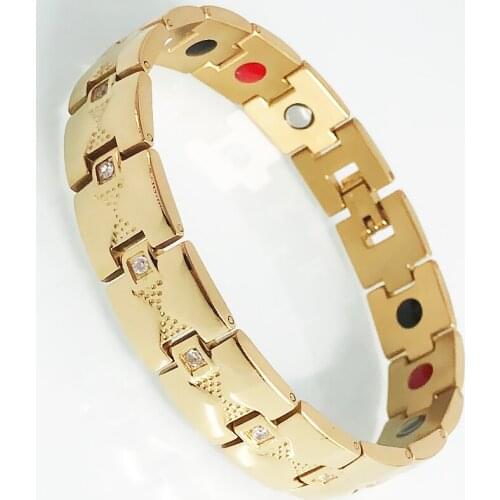 Polished Golden Stainless Steel Crystal Mens Bracelets Man Health Care 4 In 1 Therapy Magnetic Wrist Bracelet Womens Jewelry