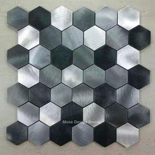 Metallic Black Silver Grey Hexagon Brushed Aluminium Alloy Mosaic Tiles for wall, kitchen backsplash fireplace tile