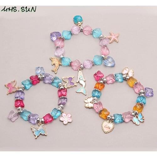 MHS.SUN Handmade Butterfly Design Beads Bracelets For Girls Kids Jewelry Charms Mermaid Bracelets Elastic Bangles Party GIft 1PC