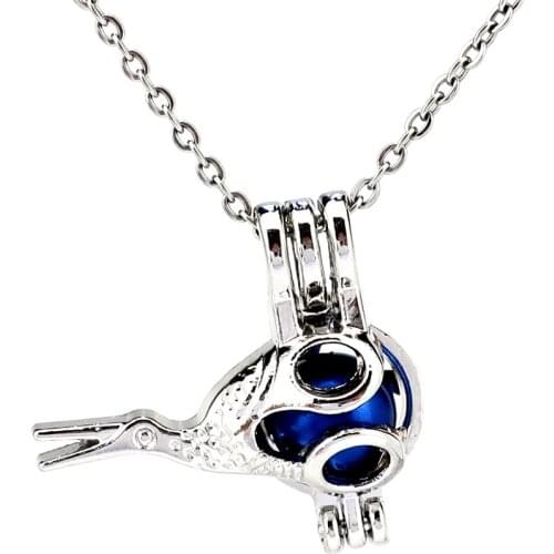 Cute Long Mouth Bird Head Beads Cage Locket Pendant Perfume Diffuser Pearl Cage Necklace KK1034