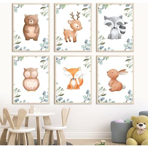Deer Rabbit Owl Bear Fox Cartoon Animal Nursery Wall Art Canvas Painting Nordic Posters And Prints Wall Pictures Kids Room Decor
