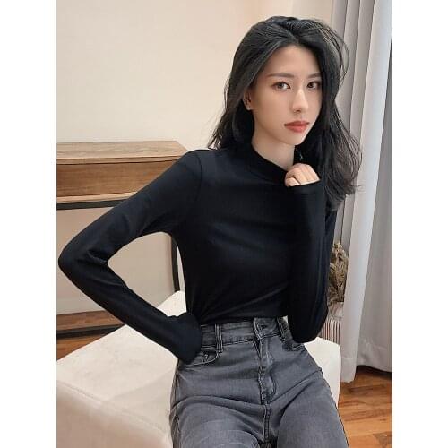 MRMT 2020 Brand New Autumn Winter Womens T Shirt Cotton Long Sleeved T-shirt for Female Semi-high Collar Tight Body Top Tshirt