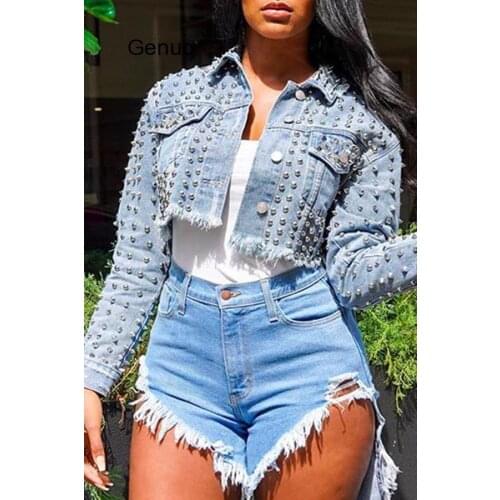 Sexy Rivet Denim Jackets Women Hole Boyfriend Style Long Sleeve Vintage Jean Jacket 2020 Autumn High Street Short Denim Coat