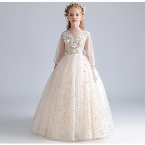 Flower Girl Dresses Appliques Crystal Princess Lace Sequined Ball Gown Pearls Floor-Length Tulle Embroidery Kid Party Skirt H092