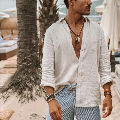 Hot 2021 New Mens Casual Long Sleeve Linen Shirts Male Cotton Linen Solid Color Sexy Shirt M-3Xl