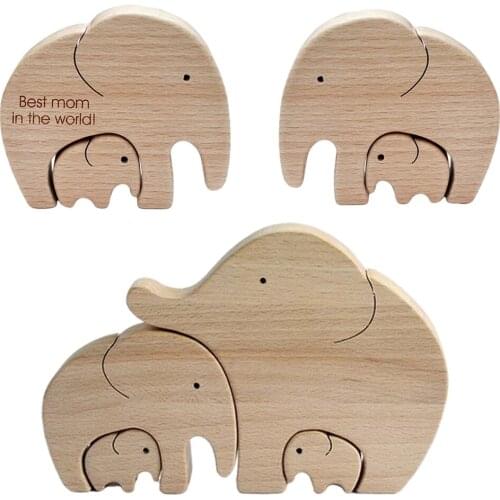 Mom and Baby Elephant Statue Exquisite Wood Sculpture Tabletop Decoration