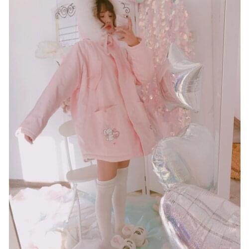 Super Cute Winter Womens Kawaii Pink Thicken Parkas Coat Long Sleeve Faux Fur Hat Rabbit Cartoon Pattern Lolita Outwear Jacket