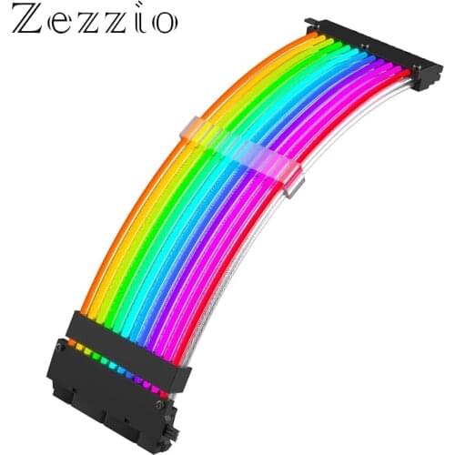 Zezzio Power Supply Sleeved Cable 24Pin ATX RGB 5V 3PIN Addressable AURA sync 18AWG Gauge PSU Extension Cable