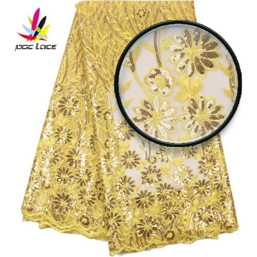 Yellow Sequin Lace Fabric Mesh Nigerian African Embroidery Ankara Net Gold Color Embroidered French 2019
