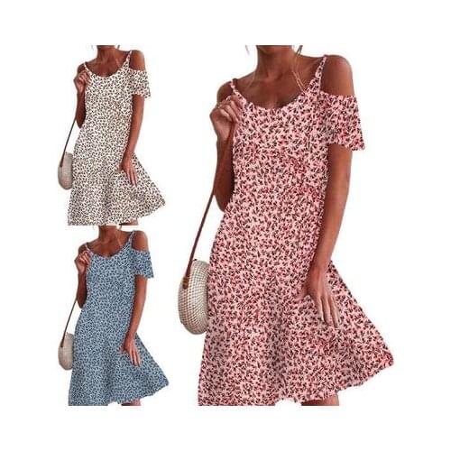 Women New Arrival Fashion Small Floral Printing Loose Strapless Dress Casual Splice O-Neck Short Sleeve Strapless Lady Dress