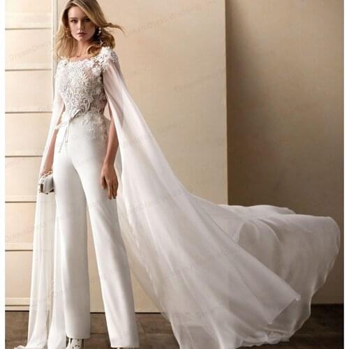 Wedding Dress Jumpsuit With Wrap Jewel Neck Floral Appliqued Short Sleeves Bridal Gowns Open Back Sash For Women Lady Sexy