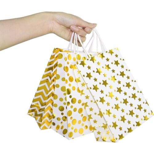 5PCS/lot Gold Silver Dot Wave Striped Paper Bag With Handles Christmas Gift Bags Cookie Candy Packaging Bags Kraft Paper Handbag