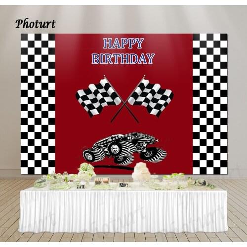 PHOTURT Cartoon Race Cars Photography Background Boys Birthday Party Backdrop Black White Red Flag Vinyl Photo Decorate Props